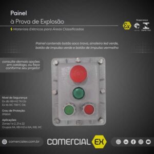 painel à prova de explosão, contendo informações técnicas do produto, ideal para áreas classificadas com atmosferas explosivas