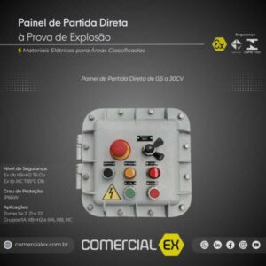 painel de partida direta à prova de explosão, contendo informações técnicas do produto, ideal para áreas classificadas com atmosferas explosivas