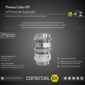 prensa cabo E1F à prova de explosão, contendo informações técnicas do produto, ideal para áreas classificadas com atmosferas explosivas