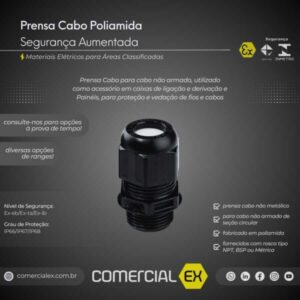 prensa cabo poliamida à prova de explosão, contendo informações técnicas do produto, ideal para áreas classificadas com atmosferas explosivas