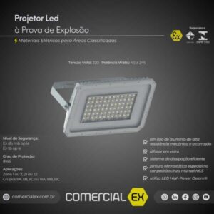 projetor led à prova de explosão zonas 1, 2, 21 e 22, contendo informações técnicas do produto, ideal para áreas classificadas com atmosferas explosivas