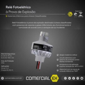 relé fotoelétrico à prova de explosão, contendo informações técnicas do produto, ideal para áreas classificadas com atmosferas explosivas