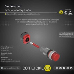sinaleiro led à prova de explosão, contendo informações técnicas do produto, ideal para áreas classificadas com atmosferas explosivas
