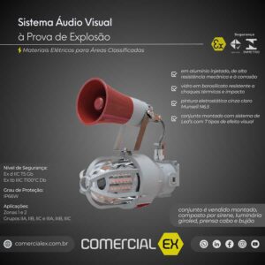 sistema áudio visual à prova de explosão, contendo informações técnicas do produto, ideal para áreas classificadas com atmosferas explosivas