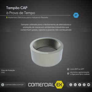 tampão cap à prova de tempo, contendo informações técnicas do produto, ideal para indústria pesada