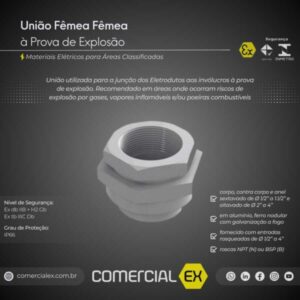 união fêmea fêmea à prova de explosão, contendo informações técnicas do produto, ideal para áreas classificadas com atmosferas explosivas