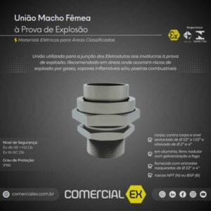 união macho fêmea à prova de explosão, contendo informações técnicas do produto, ideal para áreas classificadas com atmosferas explosivas