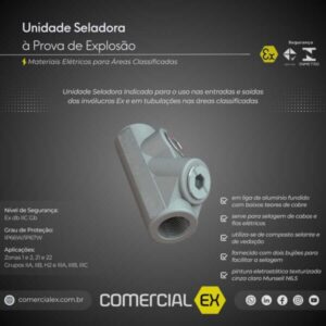 unidade seladora à prova de explosão, contendo informações técnicas do produto, ideal para áreas classificadas com atmosferas explosivas
