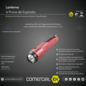 lanterna à prova de explosão, contendo informações técnicas do produto, ideal para áreas classificadas com atmosferas explosivas