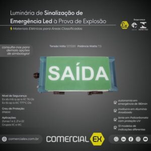 luminária de sinalização de emergência led prova de explosão, contendo informações técnicas do produto, ideal para áreas classificadas com atmosferas explosivas