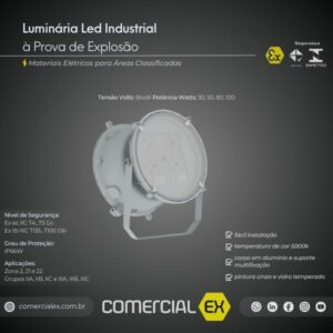 luminária industrial led à prova de explosão, contendo informações técnicas do produto, ideal para áreas classificadas com atmosferas explosivas