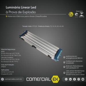 luminária linear led à prova de explosão, contendo informações técnicas do produto, ideal para áreas classificadas com atmosferas explosivas