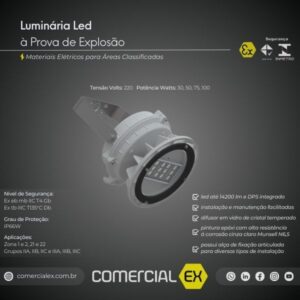 luminária redonda led à prova de explosão, contendo informações técnicas do produto, ideal para áreas classificadas com atmosferas explosivas