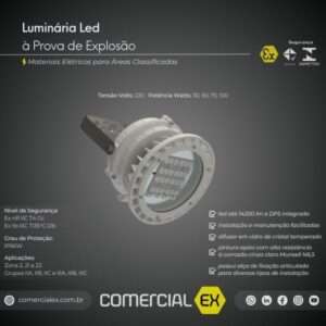 luminária redonda led à prova de explosão, contendo informações técnicas do produto, ideal para áreas classificadas com atmosferas explosivas