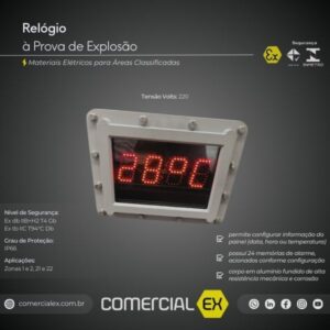 relógio à prova de explosão, contendo informações técnicas do produto, ideal para áreas classificadas com atmosferas explosivas