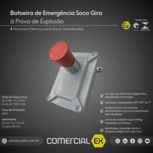 botoeira soco gira a prova de explosão, contendo informações técnicas do produto, ideal para áreas classificadas com atmosferas explosivas