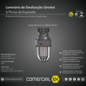 luminária de sinalização giroled à prova de explosão, contendo informações técnicas do produto, ideal para áreas classificadas com atmosferas explosivas