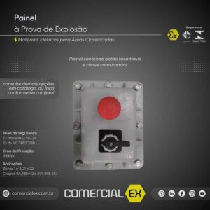 painel à prova de explosão, contendo informações técnicas do produto, ideal para áreas classificadas com atmosferas explosivas