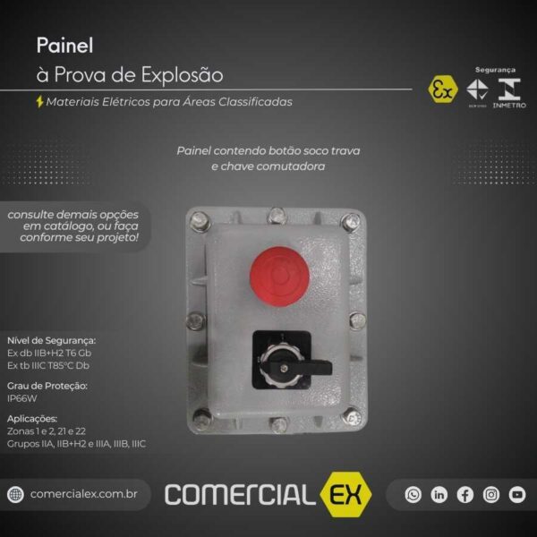 painel à prova de explosão, contendo informações técnicas do produto, ideal para áreas classificadas com atmosferas explosivas
