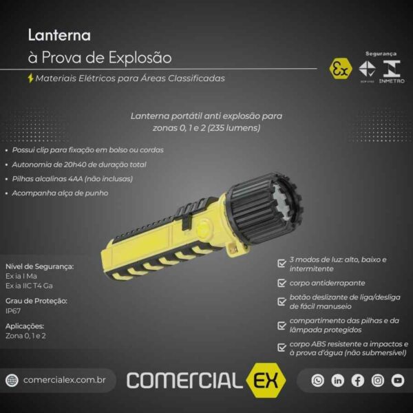 lanterna à prova de explosão, contendo informações técnicas do produto, ideal para áreas classificadas com atmosferas explosivas