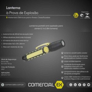 lanterna à prova de explosão, contendo informações técnicas do produto, ideal para áreas classificadas com atmosferas explosivas
