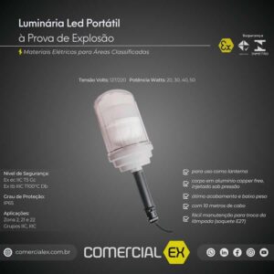 luminária led portátil à prova de explosão, contendo informações técnicas do produto, ideal para áreas classificadas com atmosferas explosivas
