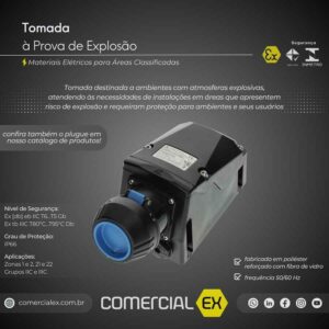 tomada à prova de explosão, contendo informações técnicas do produto, ideal para áreas classificadas com atmosferas explosivas