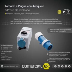 tomada e plugue à prova de explosão com bloqueio, nas cores branco e azul, contendo informações técnicas do produto, ideal para áreas classificadas com atmosferas explosivas