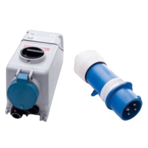 tomada e plugue à prova de explosão com bloqueio, nas cores branco e azul, ideal para áreas classificadas com atmosferas explosivas